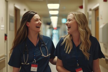 Obraz premium Candid shot of two nurses laughing and talking in hospital lobby