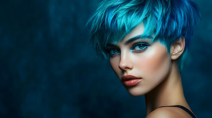 Naklejka premium A model with asymmetrical pixie-cut hair dyed in electric blue set against a dark background.