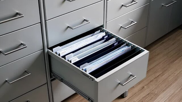 Open Filing Cabinet Drawer with Organized Documents and Folders in Office Storage System

