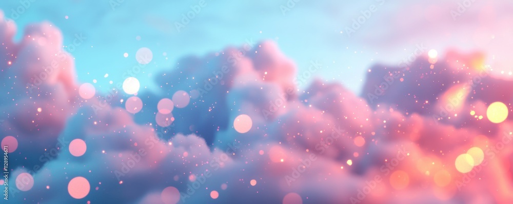 Poster a serene sky filled with soft, colorful clouds and ethereal bokeh lights, creating a dreamy and tran