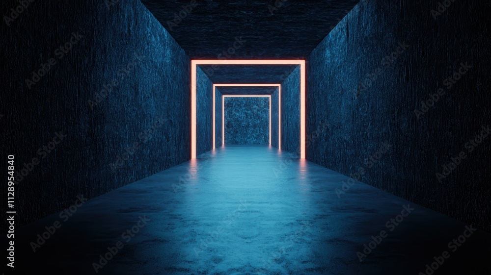 Poster a futuristic corridor with glowing neon edges and a reflective floor, creating a visually striking a