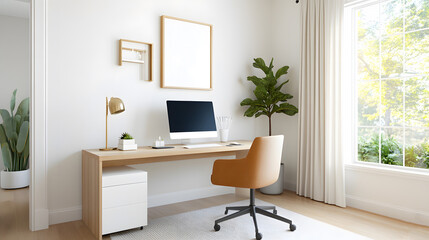 Fototapeta premium Professional office setup in 3D rendering showcasing a clutter-free desk with modern decor and ergonomic chair