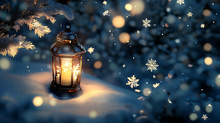  A whimsical scene of snowflakes falling gently around a glowing lantern on a snowy night 