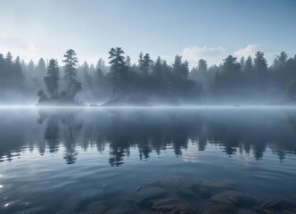 Fototapeta premium Blue mist rising from the surface of a calm lake , surface, reflection