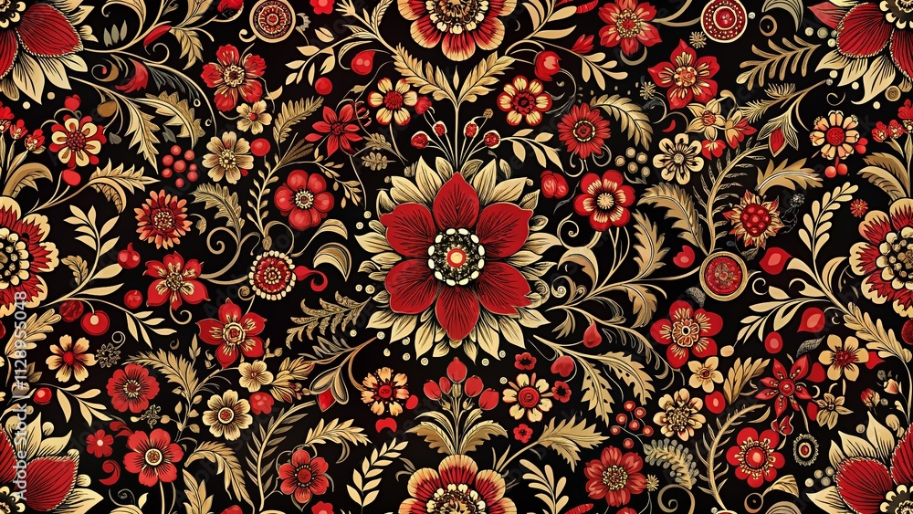 Poster elegant bohemian inspired repeating pattern with intricate floral designs in rich red and black for 