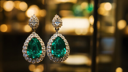 A pair of emerald earrings radiating brilliance under spotlight in a boutique setting.