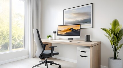 3D-rendered workspace with clean desk setup, contemporary decor, and ergonomic office chair