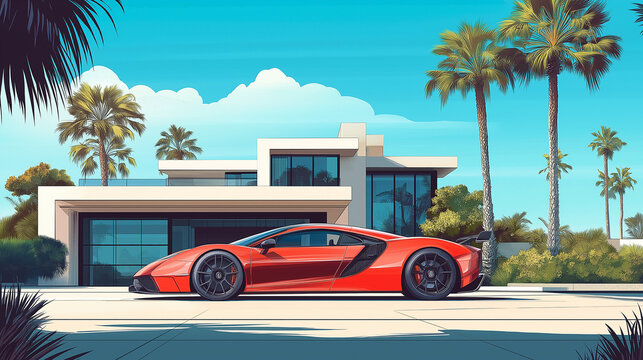 Luxury car parked in front of a modern mansion Elegance and class, car illustration