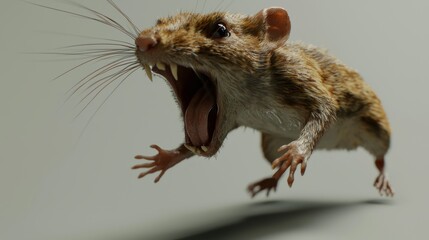 With wide eyes and a scream, a big, gray rat races away, its fear and haste clear as it narrowly escapes danger.