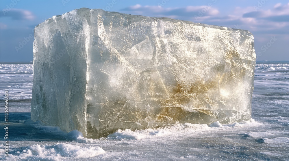 Aufkleber a large ice block with smooth surfaces and translucent clarity, positioned on frozen terrain under a