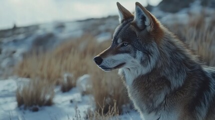 Fototapeta premium A close-up of a wolf in a snowy landscape, showcasing its majestic features and alert expression.
