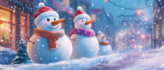 Obraz premium Adorable Snowmen Family Enjoying a Snowy Christmas Eve in a Charming Town