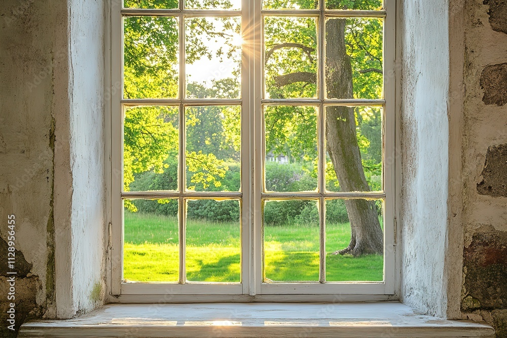 Poster a window with a view of a tree and grass