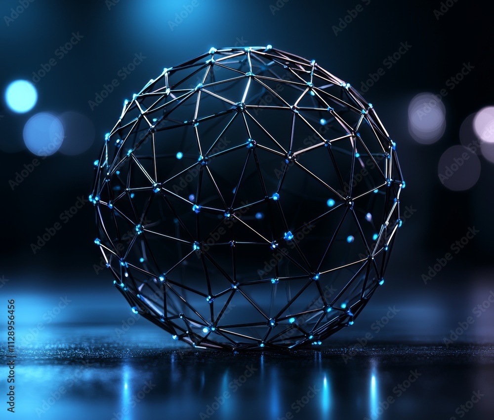 Poster a 3d abstract rendering of a low poly sphere featuring a chaotic structure, set against a sci-fi bac