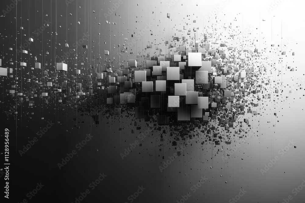 Poster an abstract 3d image of disorderly particles. floating cubes in an empty space. a futuristic scene.