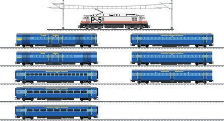 Set of Train coaches, train on the railway, WAP 5 Locomotive, Railway Passenger car