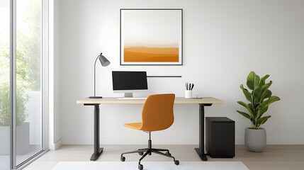 Fototapeta premium Office setup in 3D rendering featuring a neat desk, minimalist decor, and ergonomic workspace design