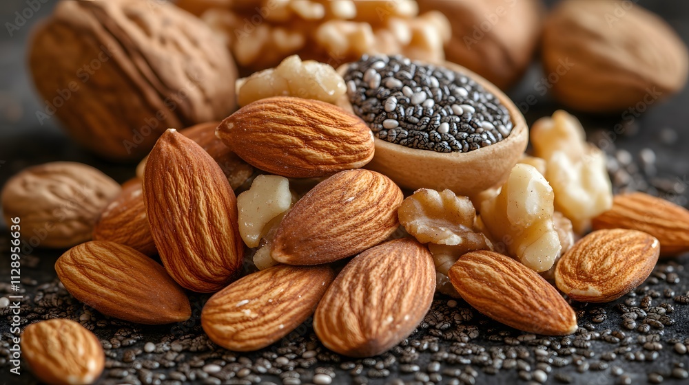 Poster assorted nuts and seeds on a rustic wooden surface.