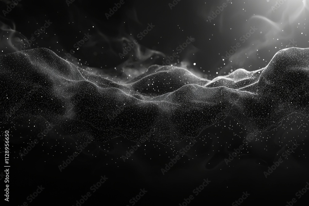 Poster a dynamic 3d abstract of chaotic particles, with flying cubes in an empty space, creating a futurist