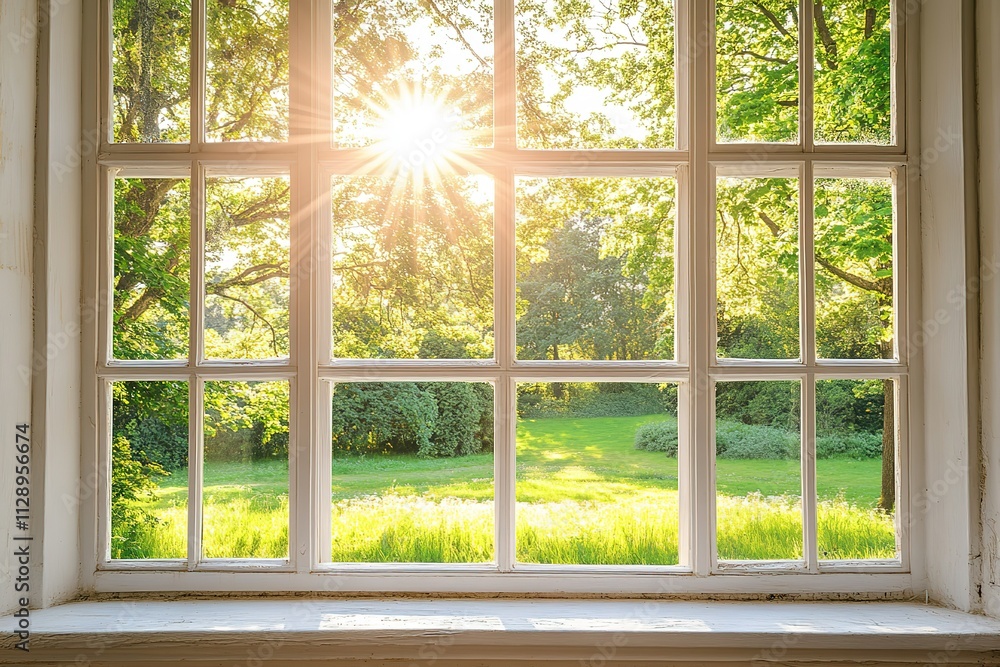 Poster a window with a view of a grassy field and trees