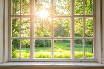 A window with a view of a grassy field and trees © Graph Squad
