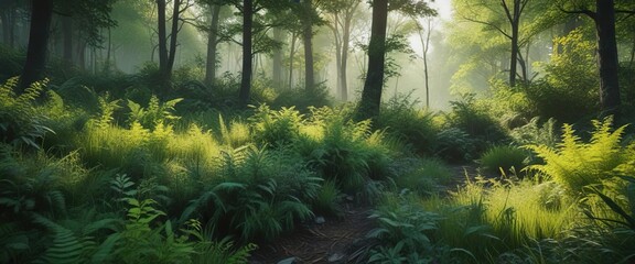 Fototapeta premium Overgrown vegetation in the woods with abstract gradient grainy texture and vibrant green yellow black colors , scenery, green, woods