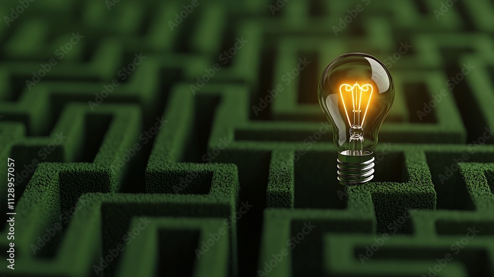 Poster glowing lightbulb in green maze, problem solving concept.