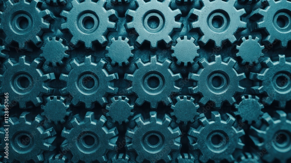 Poster a close-up view of interlocked gears, showcasing a textured surface and industrial design, emphasizi