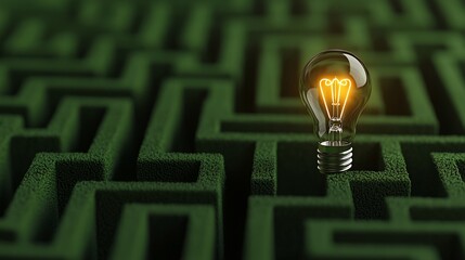 Glowing lightbulb in green maze, problem solving concept.