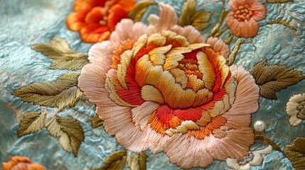 Intricate floral embroidery design textile art close-up photography bright colors artistic perspective nature inspired craft