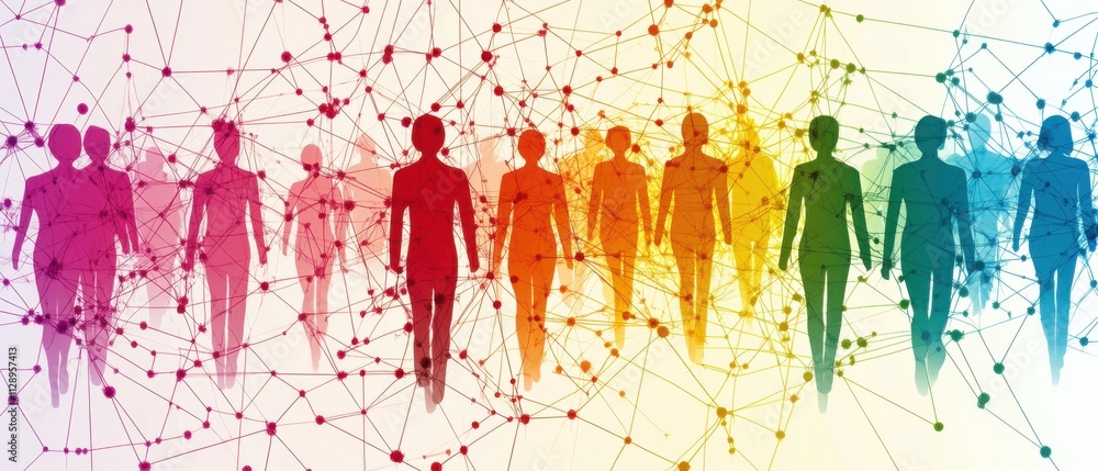 Poster colorful network of people walking forward, representing global connections and teamwork