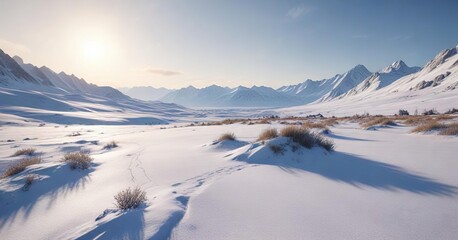 Frosty morning scene with a vast expanse of untouched snowdrifts and rugged terrain, rugged, snowy