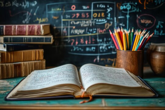 Open vintage book with colorful pencils and chalkboard equations, perfect for educational, academic, and nostalgic storytelling themes