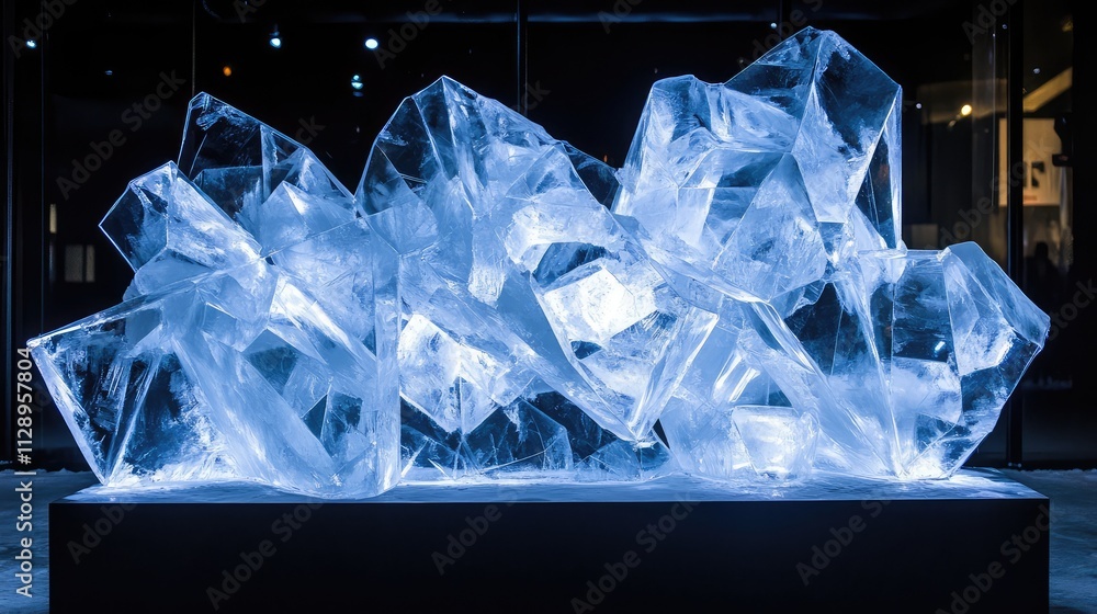 Poster a large-scale ice sculpture installation with intricate geometric shapes, illuminated by soft lighti
