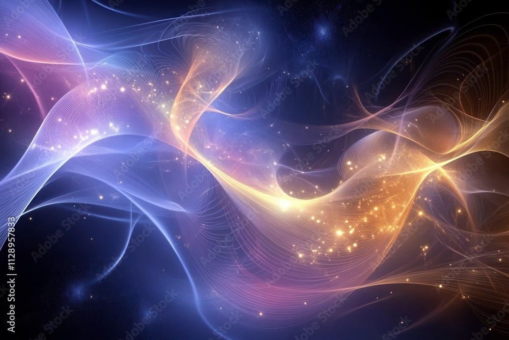 Poster a vibrant abstract design featuring flowing waves of light and sparkles in a cosmic setting.