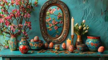 Fototapeta premium Vibrant Floral Chinaware Arrangement with Antique Mirror Reflection
