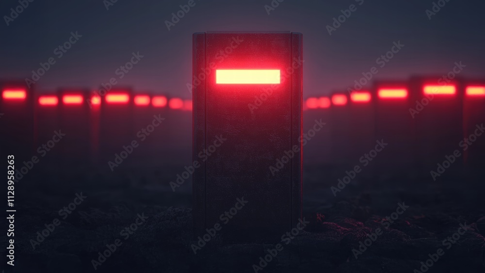 Poster a futuristic scene featuring illuminated rectangular structures emitting red light in a dark, atmosp