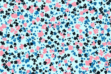 Obraz premium A blue and pink floral pattern with black dots