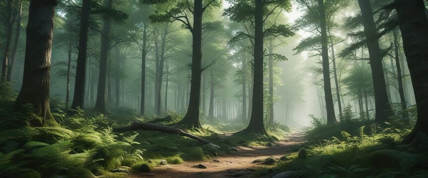 A serene forest atmosphere with a dominant green tone and grainy texture, green, atmosphere