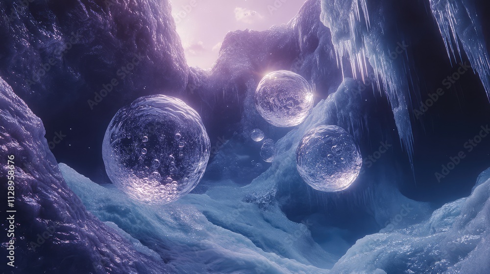 Poster a layered ice surface with suspended frozen bubbles, glowing softly as light diffuses through their 