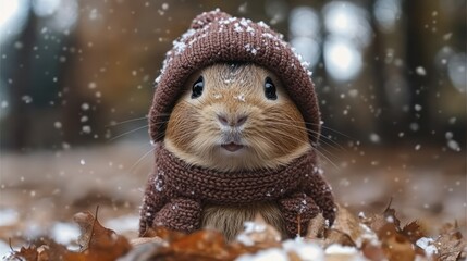 Obraz premium A cute guinea pig wearing a cozy sweater amidst falling snow and autumn leaves.