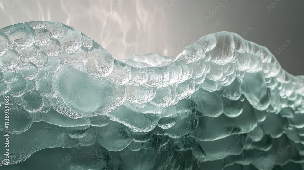 Poster a layered ice surface with suspended frozen bubbles, glowing softly as light diffuses through their 