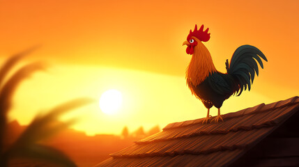 A proud cartoon rooster crowing at sunrise on a barn rooftop.