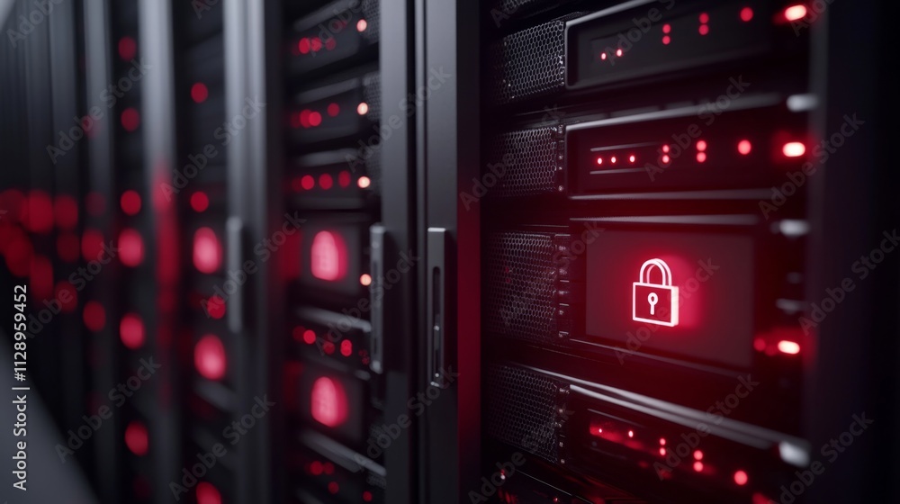 Poster data security monitoring in high-tech server room digital content corporate environment close-up vie