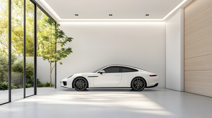 Sleek garage design in a modern style with smooth walls and ample natural light, 3D rendering