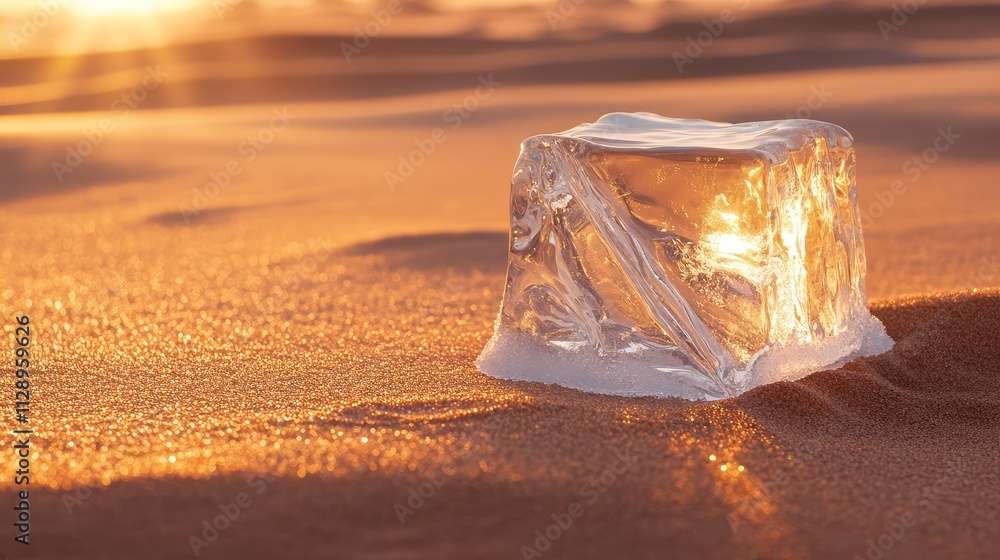 Poster a lone ice cube resting on hot desert sand, with soft light creating vibrant reflections and subtle 