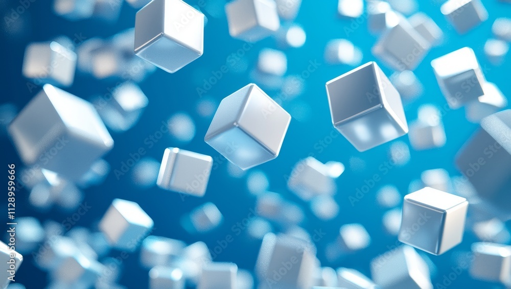 Poster a 3d abstract rendering featuring a geometric arrangement of cubes on a blue backdrop.