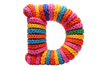 Colorful knitted letter D crafted from vibrant yarn strands in various shades