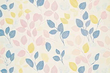 A colorful leafy patterned fabric with blue, pink, and yellow leaves