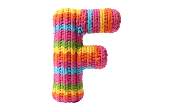 Colorful knitted letter F in vibrant rainbow stripes displayed on a white background